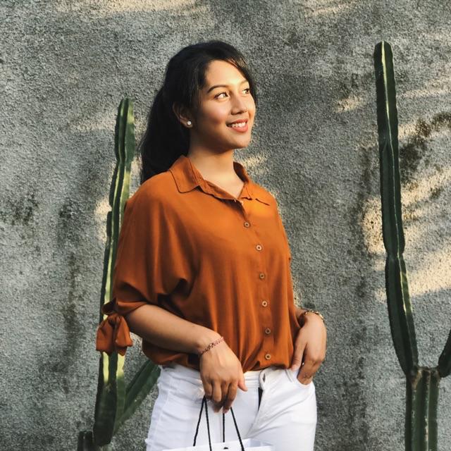 CINDY OVERSIZED SHIRT | kemeja wanita oversize lengan pendek bahan rayon-Brown
