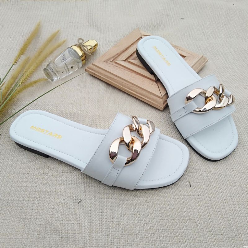 mqstars Sandal Flat Wanita Selop Ring Rante Terbaru