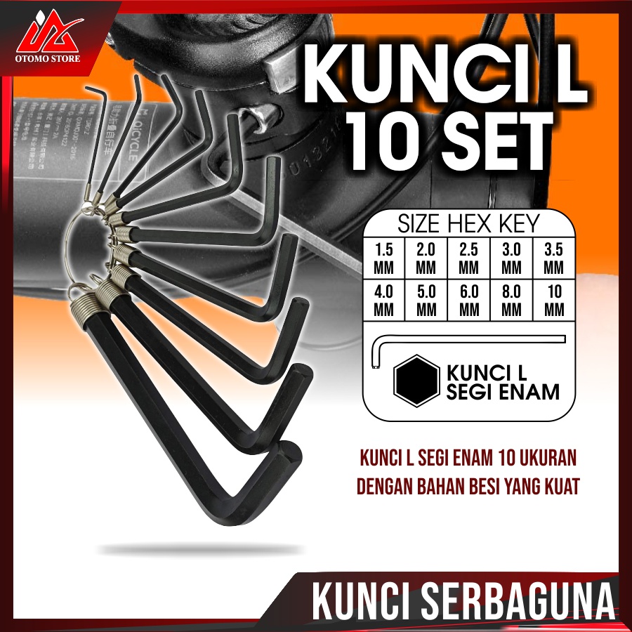 KUNCI L SET Isi 10 Pcs Hex Key Ring 10 in 1 Tools Gantungan Kunci Pendek Mrah Original