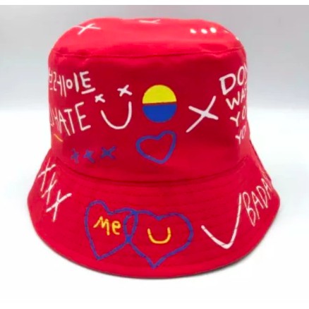 TERMURAH TOPI BUCKET HAT KOREA LAKI CEWE SABLON BADAS BOLAK BALIK PANTAI FISHERMAN-BADAS MERAH
