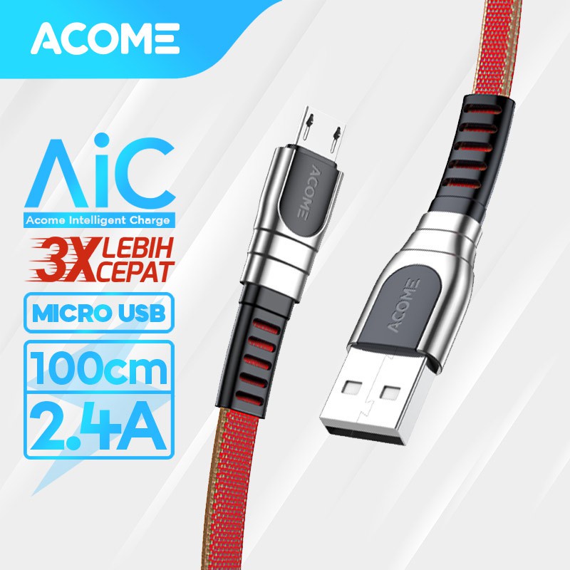 ACOME Kabel Data Micro USB 100cm cable  AiC Fast Charging 2.4A Garansi Resmi 1 Thn AKM-010