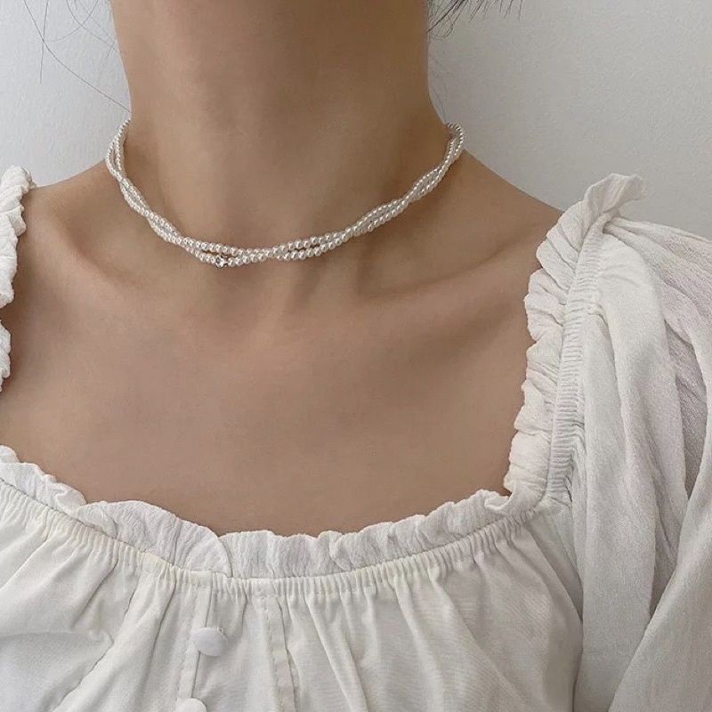 Ariana Twisted Pearl Zircon Korean Necklace Kalung Choker  Mutiara Korea Hiasan Berkilau Model Kepang