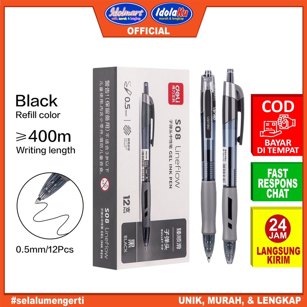 

IDOLMART Deli Gel Pen Pulpen Gel Retractable 0.5mm S08 Hitam / pcs Deli Bandung