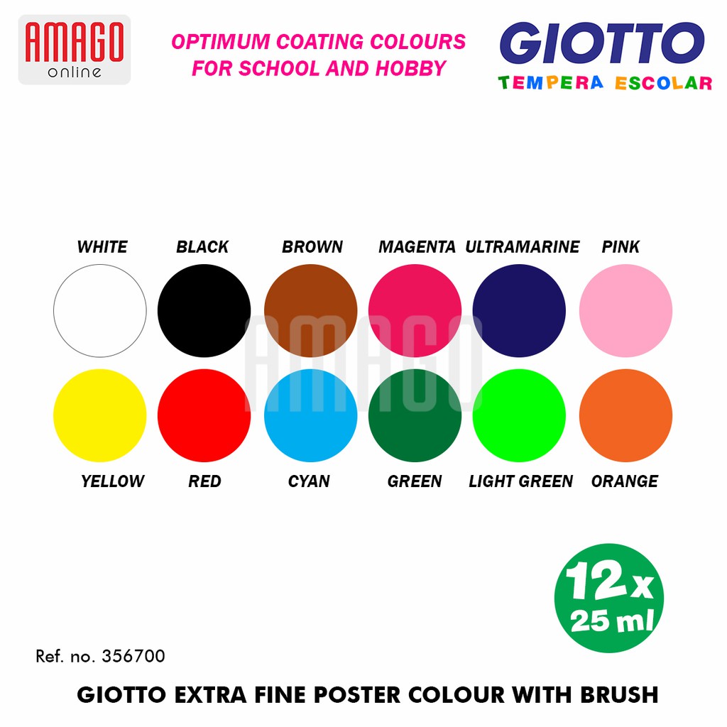 GIOTTO Extra Fine Tempera Escolar Cat Lukis cepat kering Ekstra halus - 12 Warna x 25 ml + Bonus Kuas - 356700