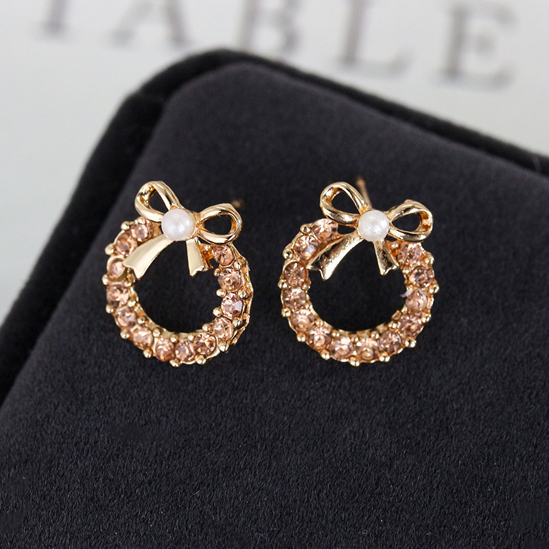 Anting Tusuk Desain Pita Hias Mutiara+Berlian Imitasi Untuk Wanita