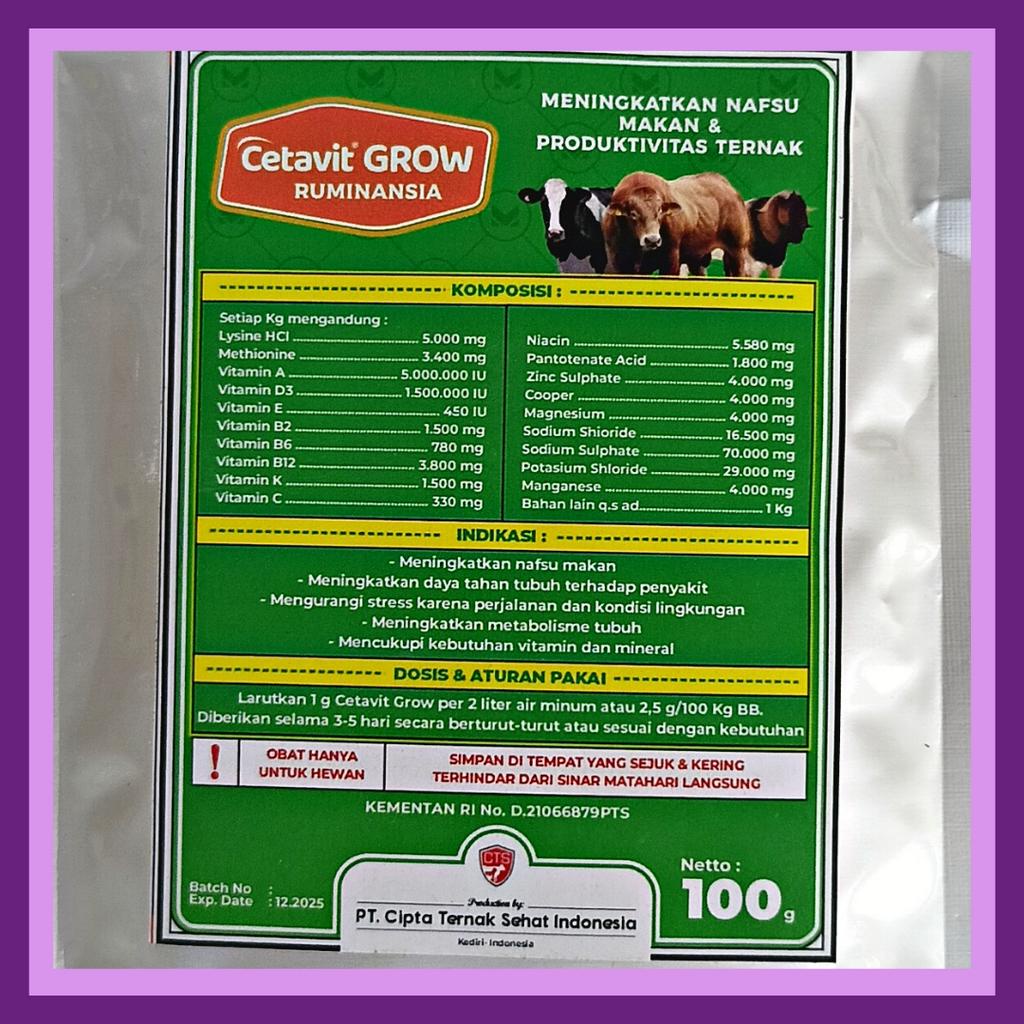 CETAVIT GROW | Vitamin Penggemuk &amp; Nafsu Makan Sapi kambing Domba Babi Ayam | 100 gr