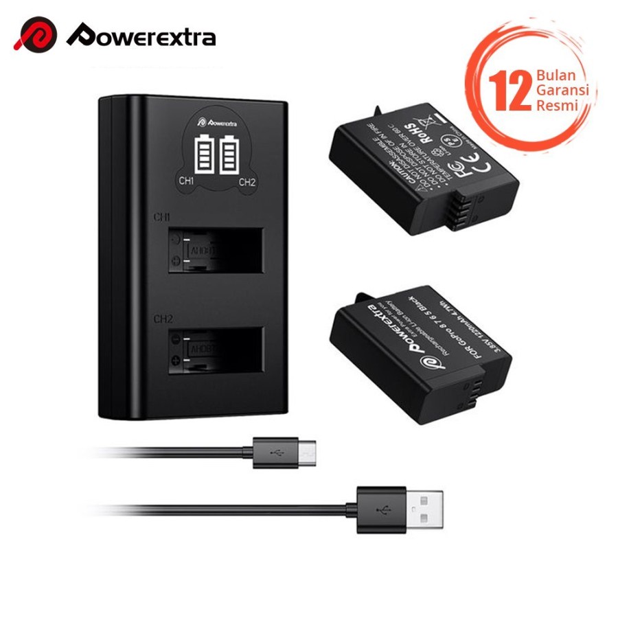 POWEREXTRA BATTERY GOPRO HERO 2 PACK WITH CHARGER FOR HERO 8 HERO 7 65