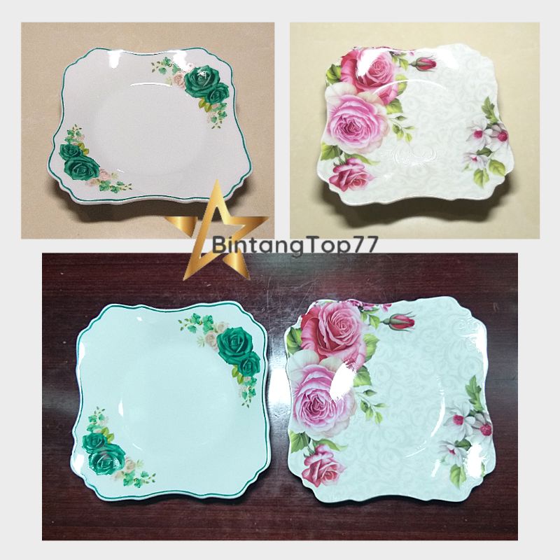 [INSTANT ONLY] Piring Kue Kecil Persegi Keramik Motif Isi 12