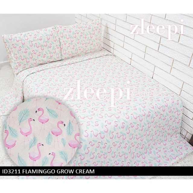 SPREI SET QUEEN SIZE 160x200x20 BAHAN CVC LOKAL MOTIF FLAMINGO CREAM PINK
