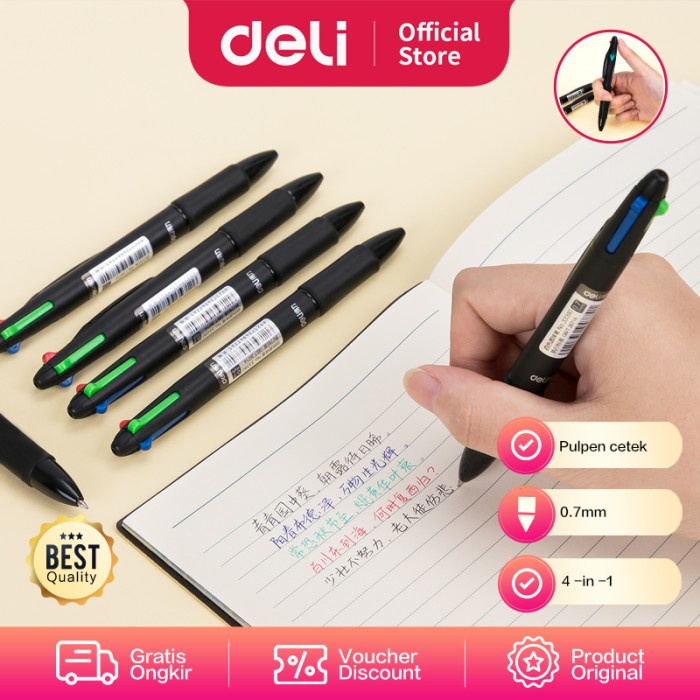 

Terlaris Deli pulpen cetek warna-warni empat warna 0.7mm pulpen pelajar 33390