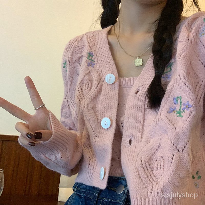 #Sisjuly# Setelan Wanita Baru Bordir Berongga Sweater Rajut Kardigan Selempang Set Dua Potong