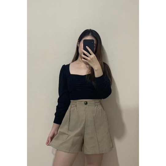 Highwaist button pant wanita celana pendek santai linen