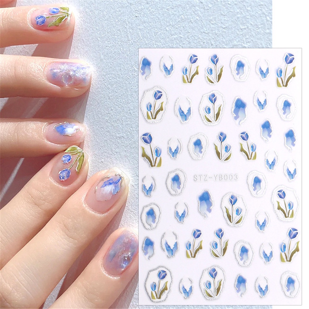 【COD Tangding】3pcs Stiker Kuku Motif Bunga Tulip Warna Biru