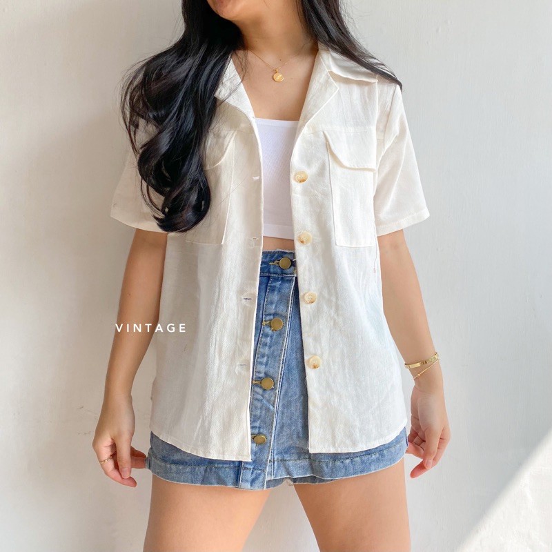 KEMEJA WANITA CASUAL POCKET TOP KEMEJA WANITA POLOS BASIC MURAH-White