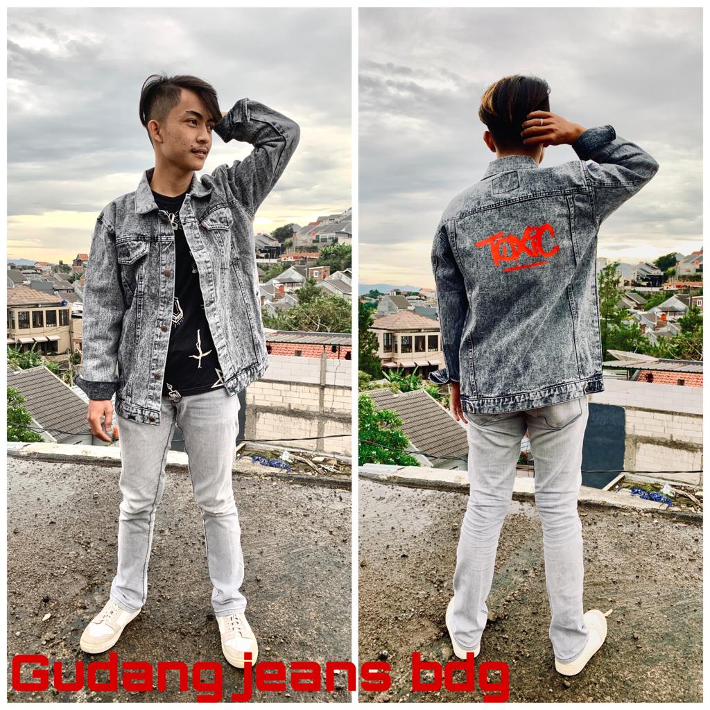Gudang jeans - jaket jeans denim pria - sablon printing - grey washing - original - Toxic