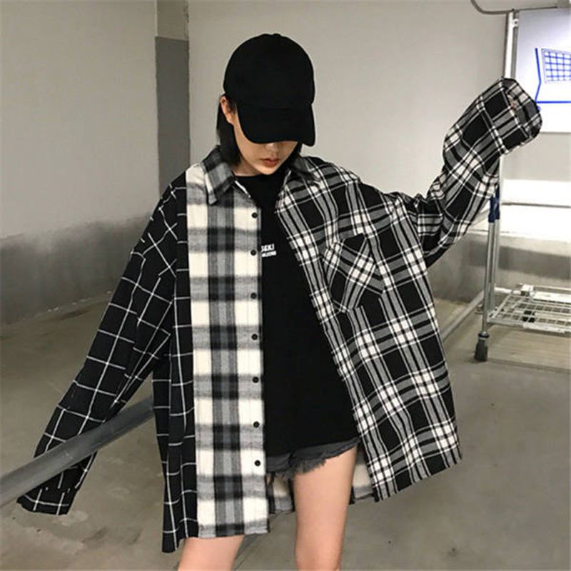 kemeja wanita kotak-kotak hitam putih atasan korean style oversize shirt lengan panjang