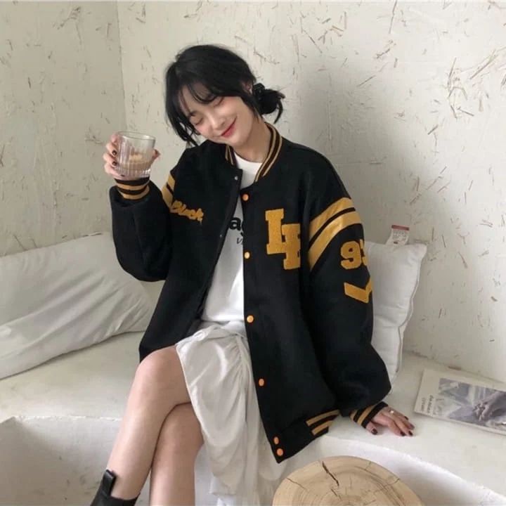 LB BLACK 93 VARSITY JACKET OVERSIZE PRIA WANITA SWEATER BASEBALL FASHION TERKINI CASUAL FASHION FLEECE TEBAL