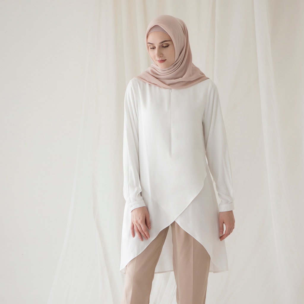 Karuna by Aska Label - Tunik wanita panjang rayon lengan panjang busui friendly dengan hem tulip