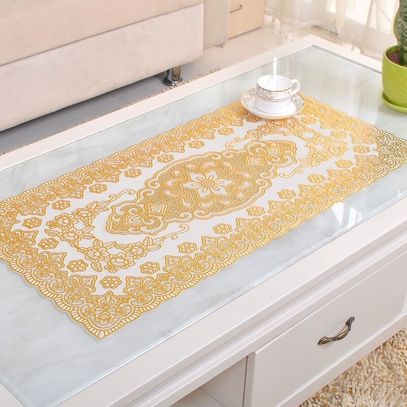 Taplak Meja Ruang Tamu Plastik PVC Motif Renda Table Mat Waterproof