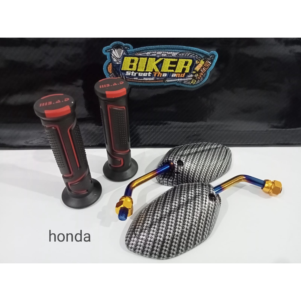 Paket 3 item Jok karbon hitam+grip B.A.D +Spion mini karbon twotone_Universal Honda/Yamaha