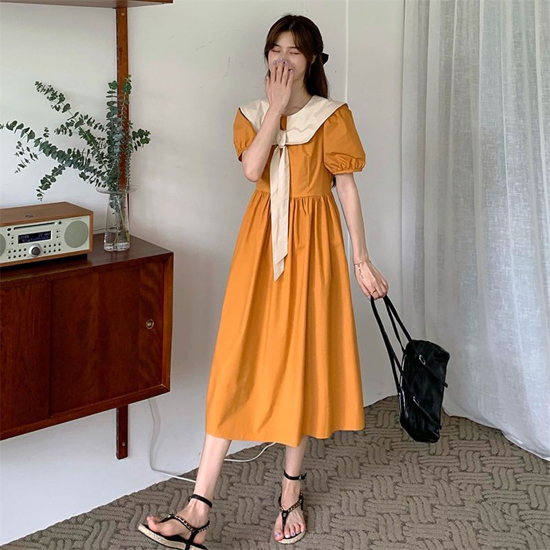 [MikanHiro Store] Korean style chic doll collar dress women's summer French Hepburn hit color matching received waist slim puff sleeves long dress