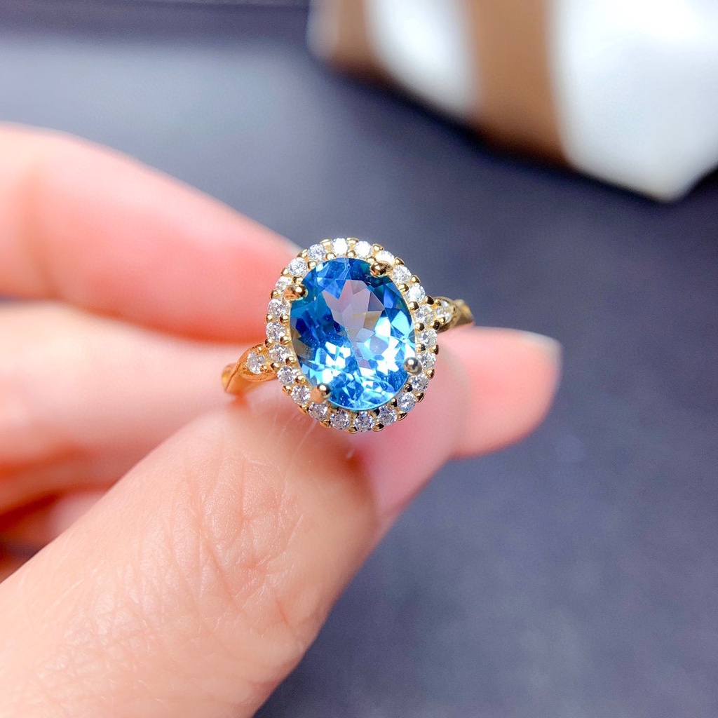 Cincin Batu Permata Biru Berlapis Emas Perak 925 Wanita