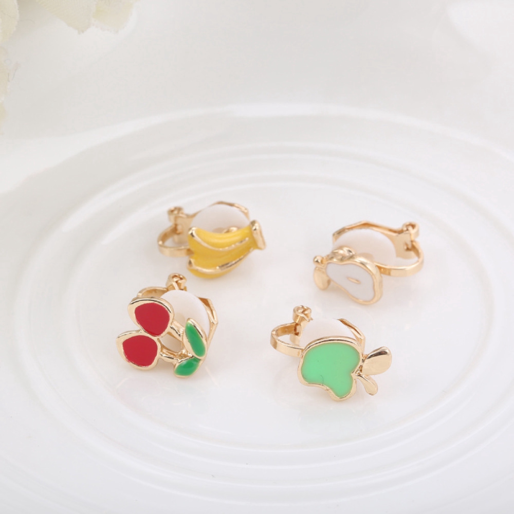 Anting Klip Enamel Tanpa Tindik Desain Kartun Buah Ceri Apel Pir Pisang Untuk Perhiasan Wanita