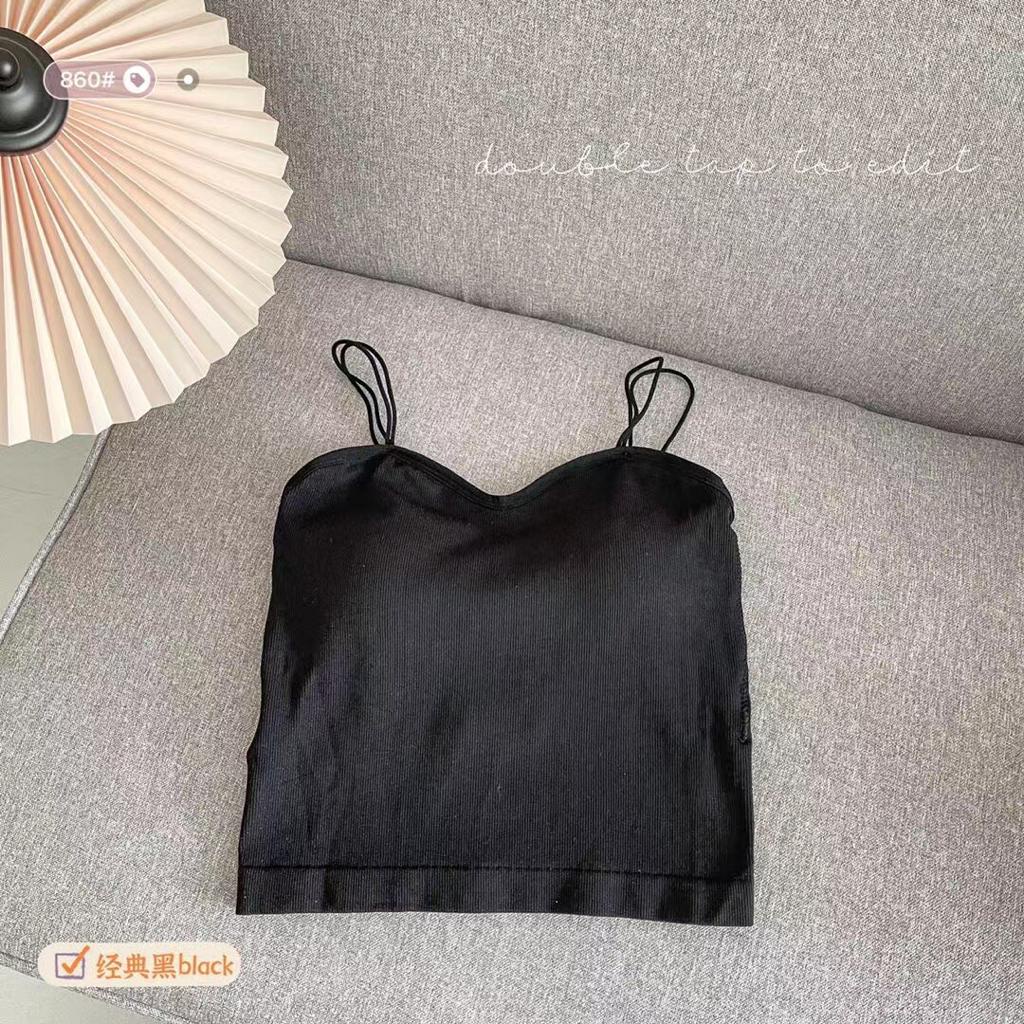 Feminin Tank Top Tali Spahgetti Wanita Atasan Wanita Pakaian Dalam Cewek Tanktop Bra Import-HITAM