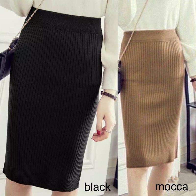 Rok rib knit pensil medium skirt korea span pencil midi,rok span kerja wanita,rok span rajut korea