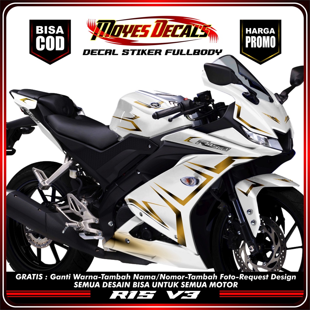 Terlaris / Stiker Decal Motor R15 V3 Fullbody Variasi Motif Matrix Line Putih Gold