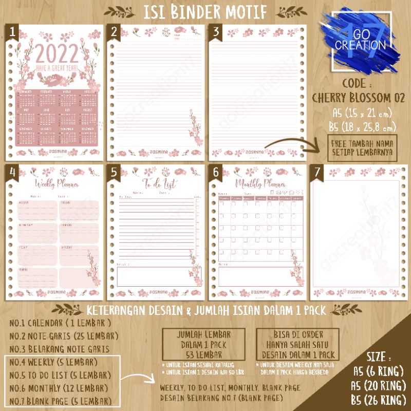 

Buku Planner isi Kertas Binder Motif Cherry Blossom 02 Premium A5 ring 20 dan A5 ring 6