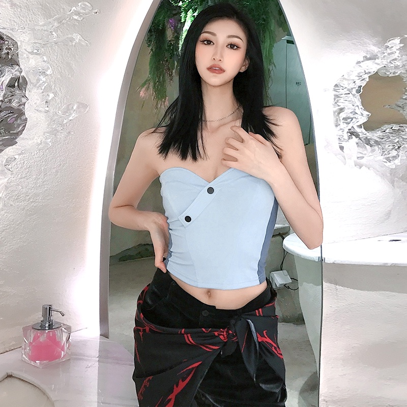 #Sisjuly# Ulzzang Macaron Slim Body Tube Top Wanita Pinggang Tinggi Rompi Pusar