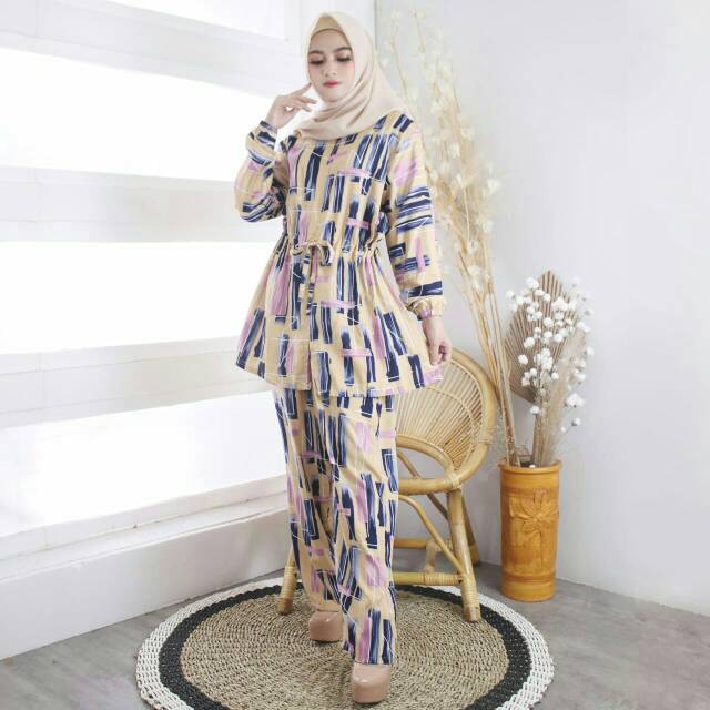 baju setelan celana dan tunik motif cantik/setcel Busui/setcel jumbo/bahan rayon  impor