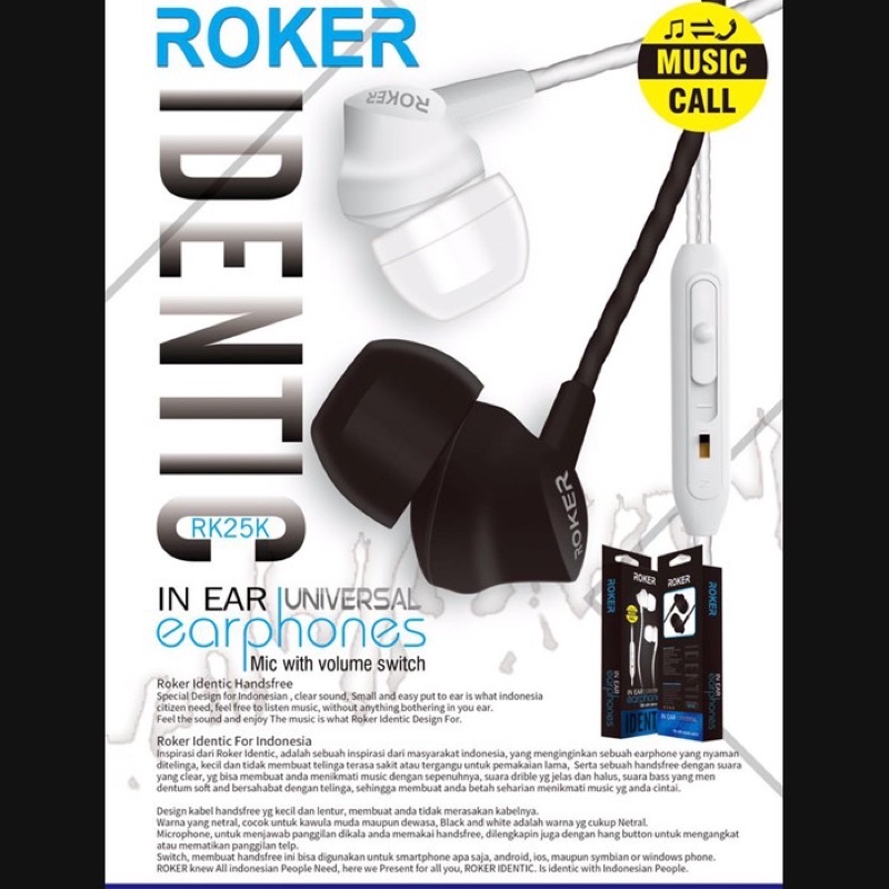 GROSIR HANDSFREE ROKER RK25K INDENTIC WITH VOLUME CONTROLLER EXTRABASS EARPHONE ORIGINAL