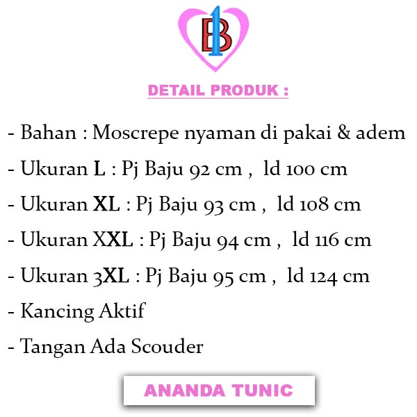 ANANDA TUNIC Baju Atasan Tunic Fashion Wanita B1-Love 60468-67126-64154-66174 L,XL,XXL,XXXL