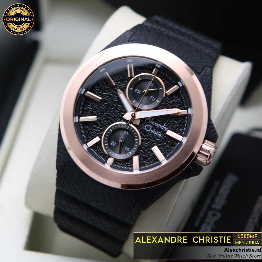 Jam Pria Alexandre Christie AC 6585 MF Black Rosegold Rubber Original