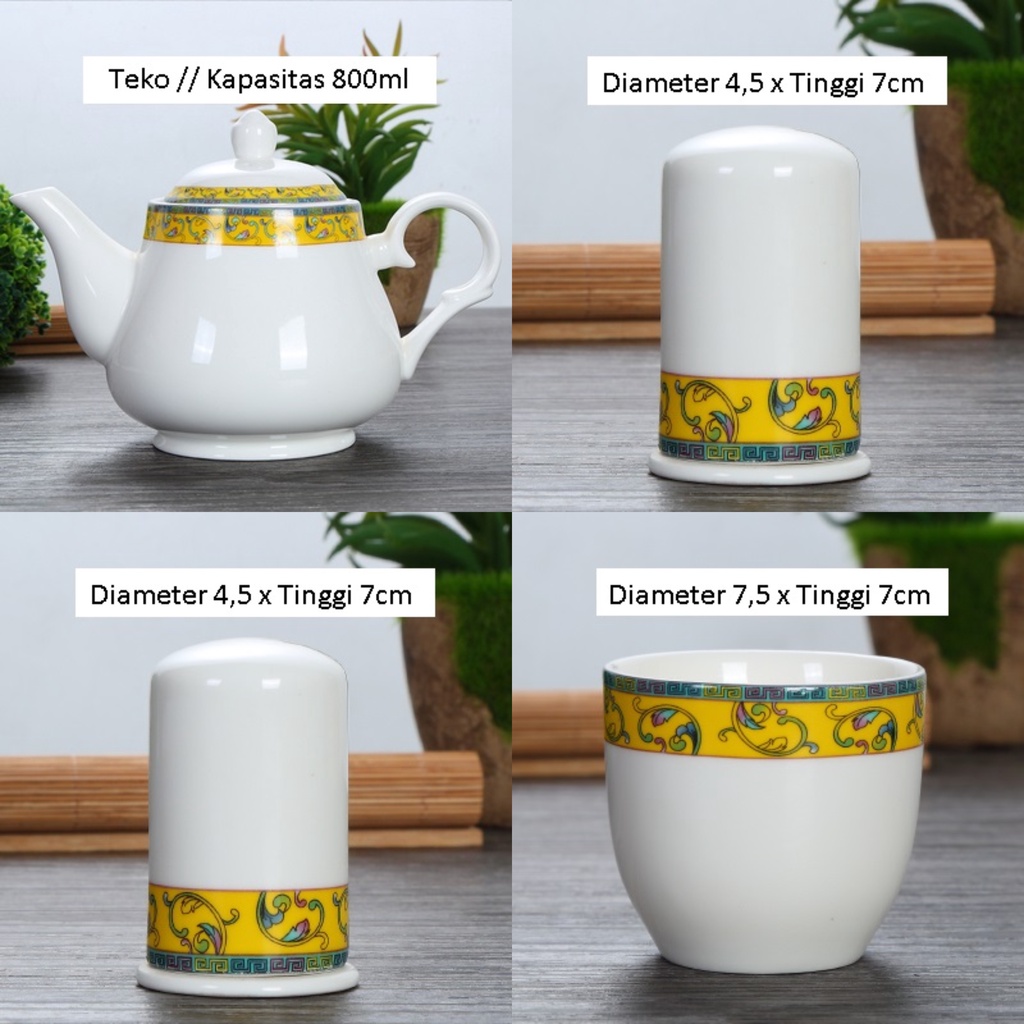Set Gelas Keramik Istana Kuning/ Teko Gelas Tempat Tusuk Gigi Mewah