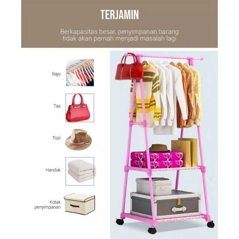 Triangle Stand Hanger Baju Rak Buku Serbaguna Gantungan Pakaian Rak Serbaguna Dengan 4 roda / Gantungan Baju / Rak Baju Triangle / Triangle stand hanger