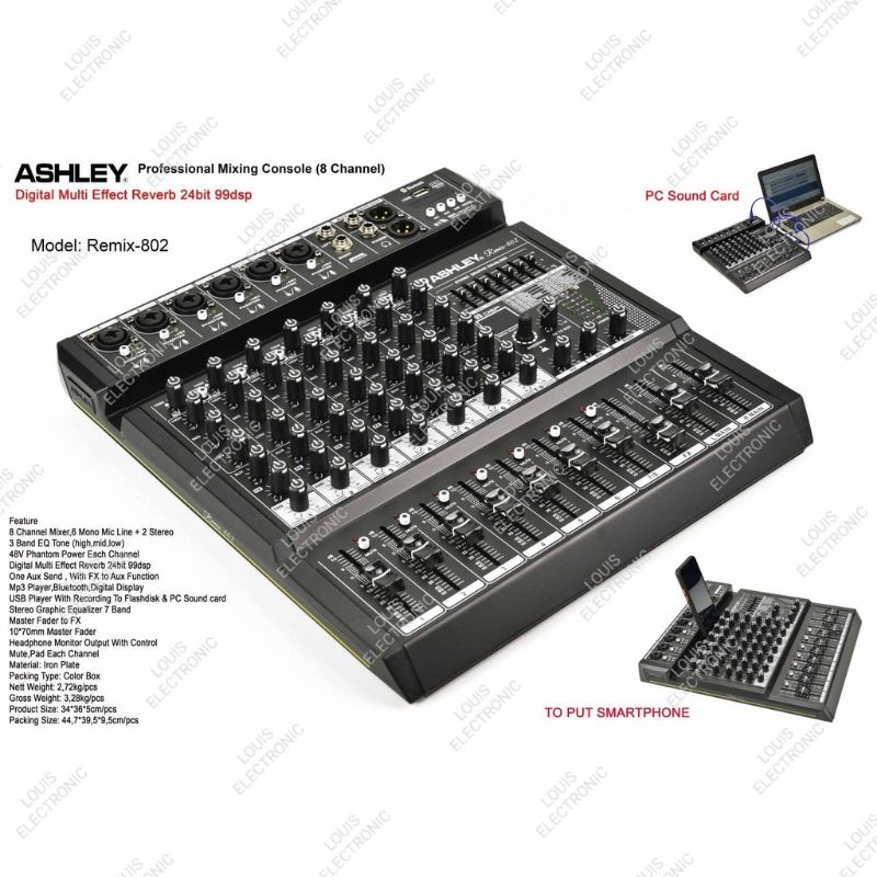 Mixer ASHLEY Remix 802 8 Channel Remix802 Effect Reverb Bluetooth ORIGINAL