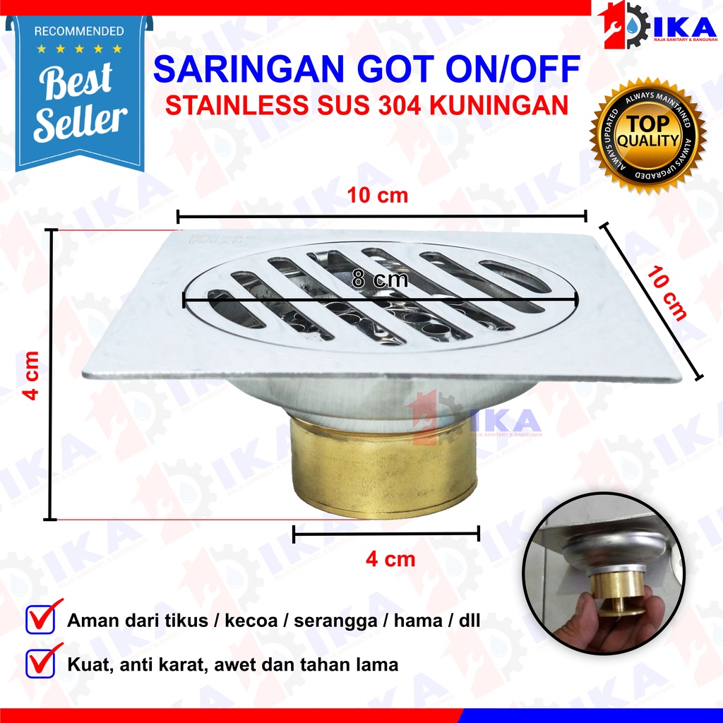 IKA-Official Floor Drain Sargot Kuningan Stainless - 4 Inch Model On Off ( OTOMATIS BUKA TUTUP) SARINGAN GOT ANTI BAUT KECOA