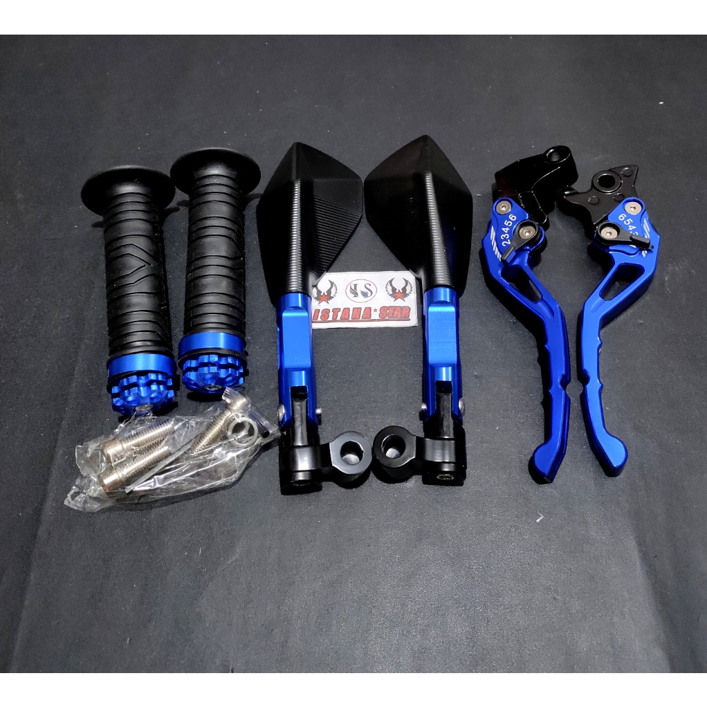 [PROMO] Handle REM dan KOPLING Stelan Variasi Motor FULL CNC Yamaha Vixion Old New RX King Plus grip cnc biru Plus Spion TOMOK V2/BIRU