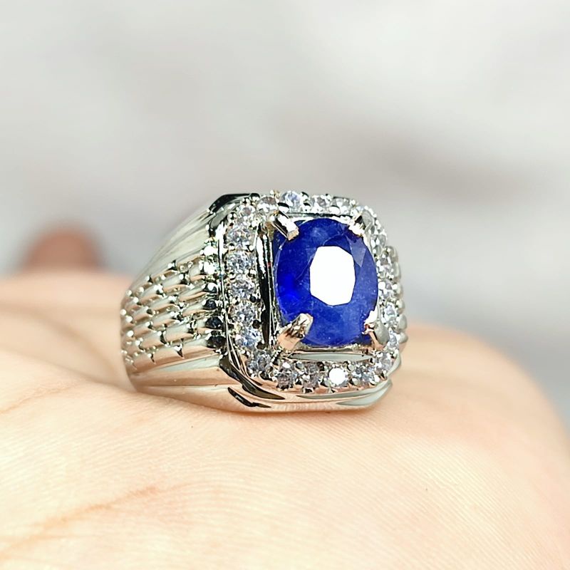 CINCIN BATU PERMATA BLUE SAFIR ASLI NATURAL IKATAN RING PERAK