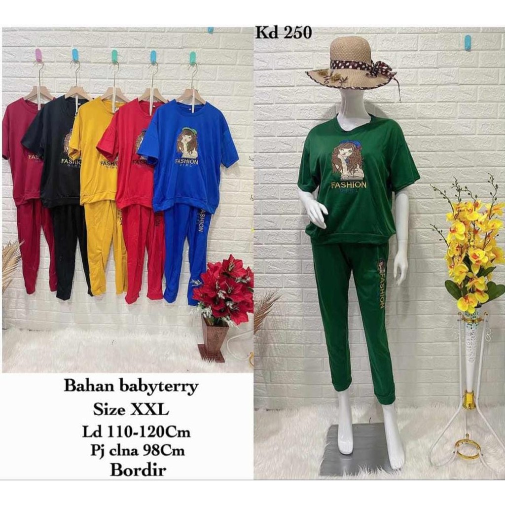 setelan wanita bordir tangan pendek bahan babyterry kualitas bagus