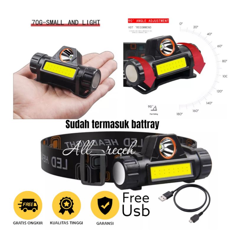 Senter Kepala LED Headlight Flashlight USB Rechargeable Q5 + COB/headlamp/senter kepala