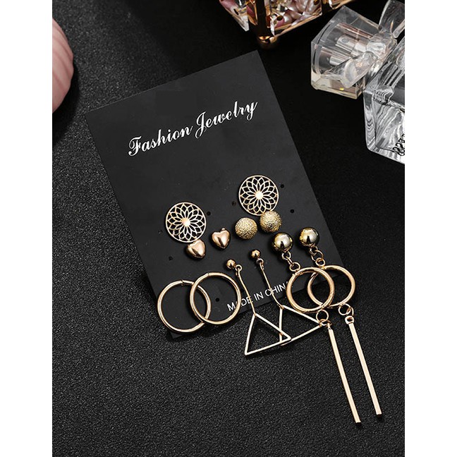 LRC Anting Tusuk Fashion Gold Pearl Leaf Geometric Earring Set F88403