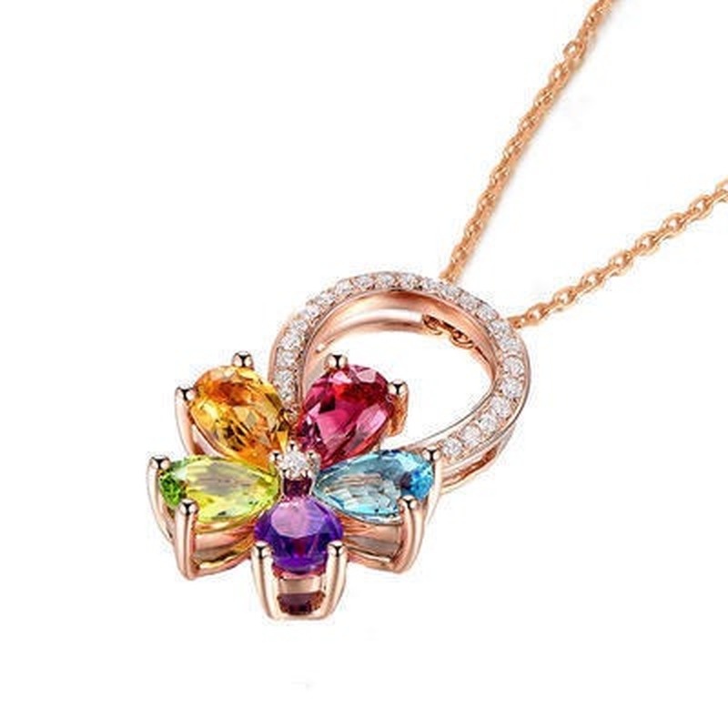 [Ready Stock]Fashion Flower Pendant Inlaid Color Gem Necklace