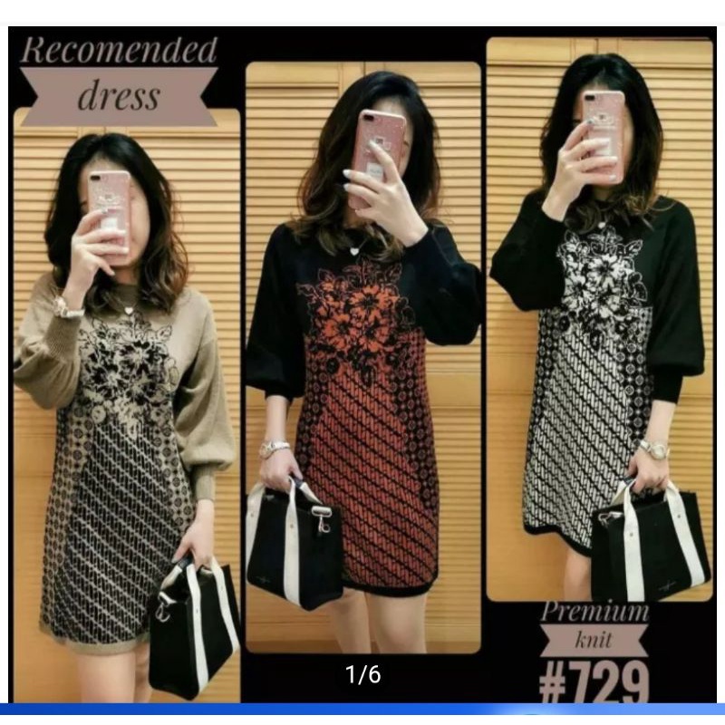 #729 Dress rajut batik tangan balon/tunik muslim rajut real pict