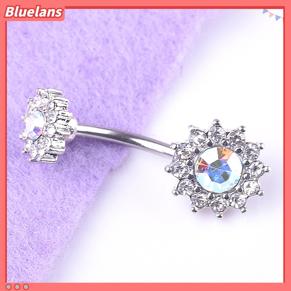 Bluelans Sexy Women Dual Floral Shiny Rhinestone Barbell Navel Ring Body Piercing Jewelry