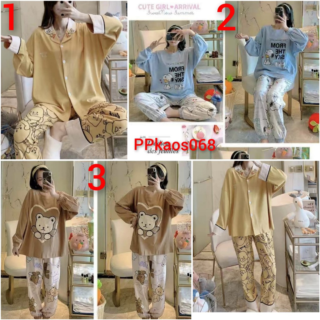 Baju tidur piyama lengan panjang celana panjang bahan kaos import PPkaos068