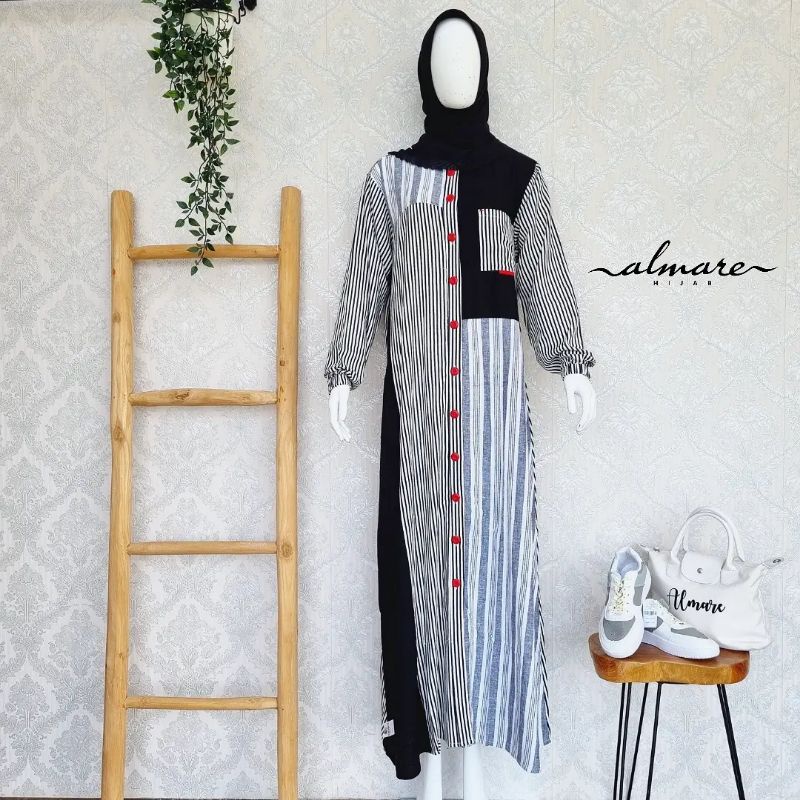 Gamis Linen Kombinasi Hitam